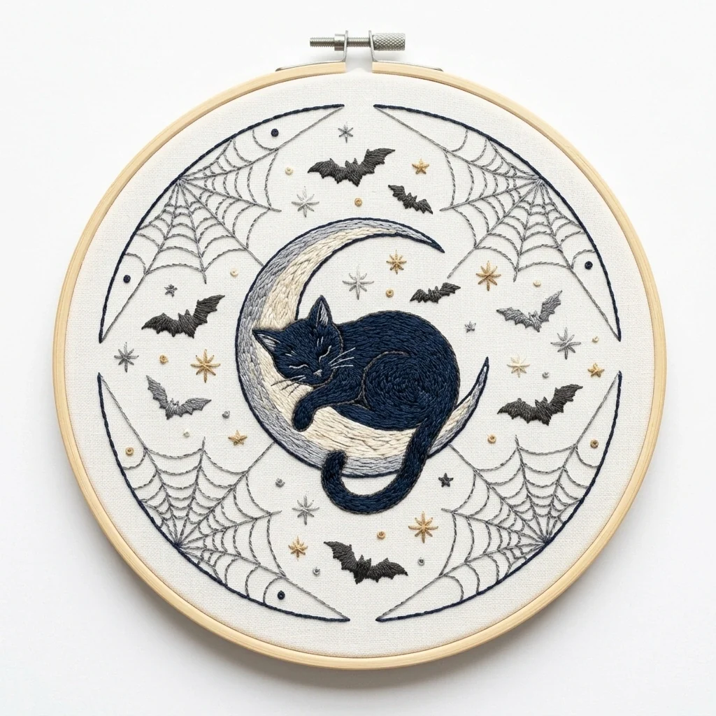 Sleeping Black Cat Crescent Spider Webs colored hand embroidery design