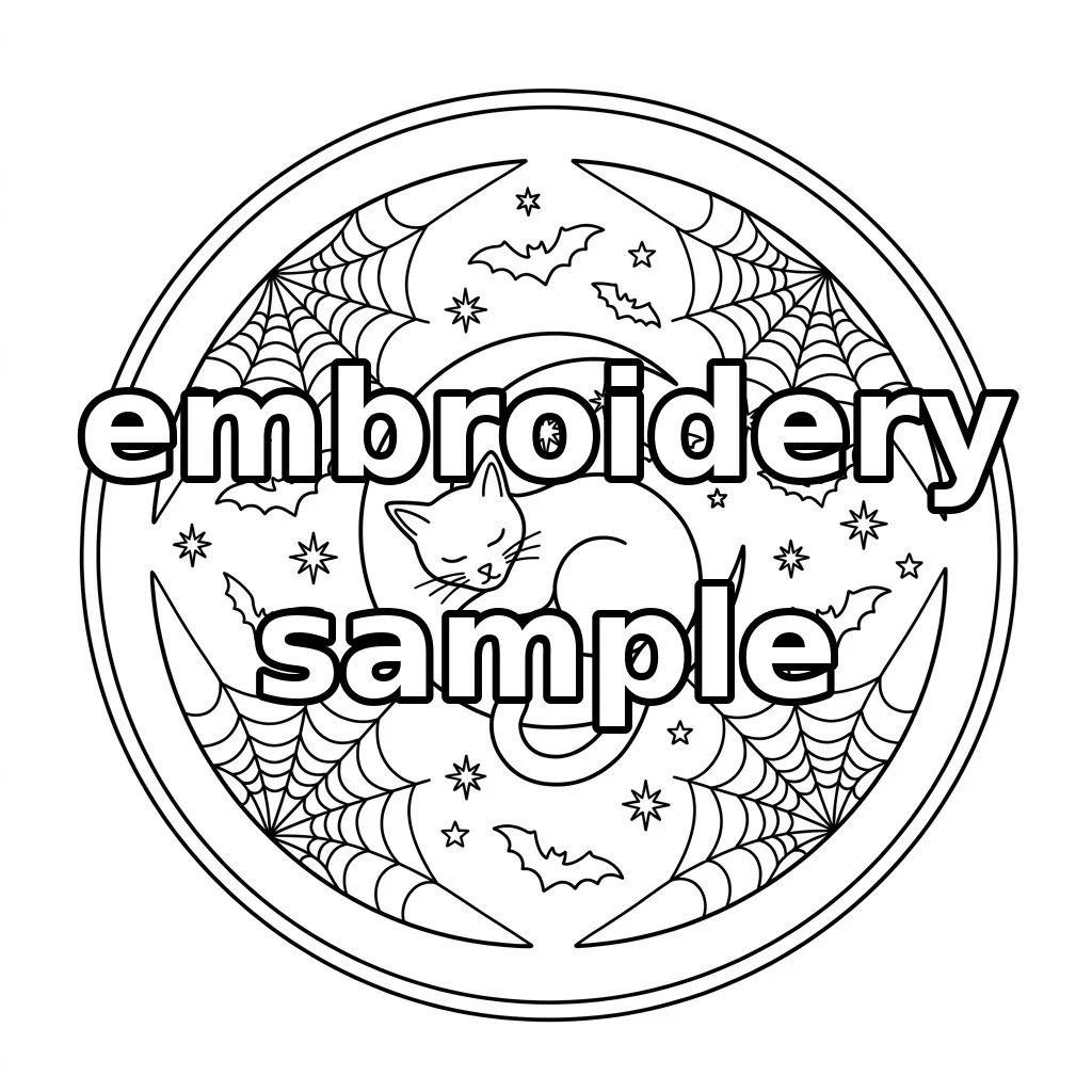 Watermarked Sleeping Black Cat Crescent Spider Webs embroidery outline