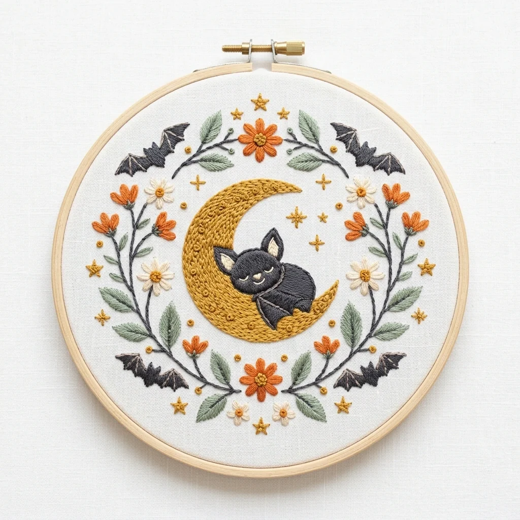 Sleeping Black Cat Gold Crescent Floral Bats colored hand embroidery design