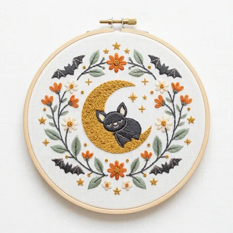 Sleeping Black Cat Gold Crescent Floral Bats hand embroidery design