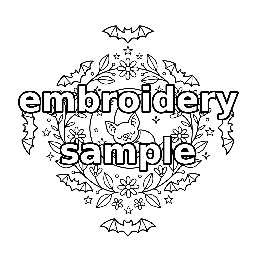 Watermarked Sleeping Black Cat Gold Crescent Floral Bats embroidery outline