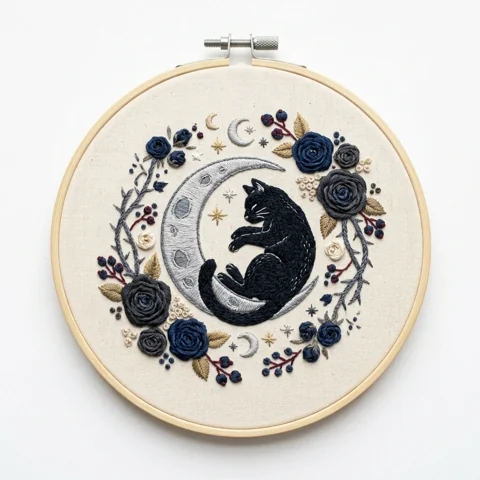 Sleeping Black Cat and Midnight Rose Crescent hand embroidery design