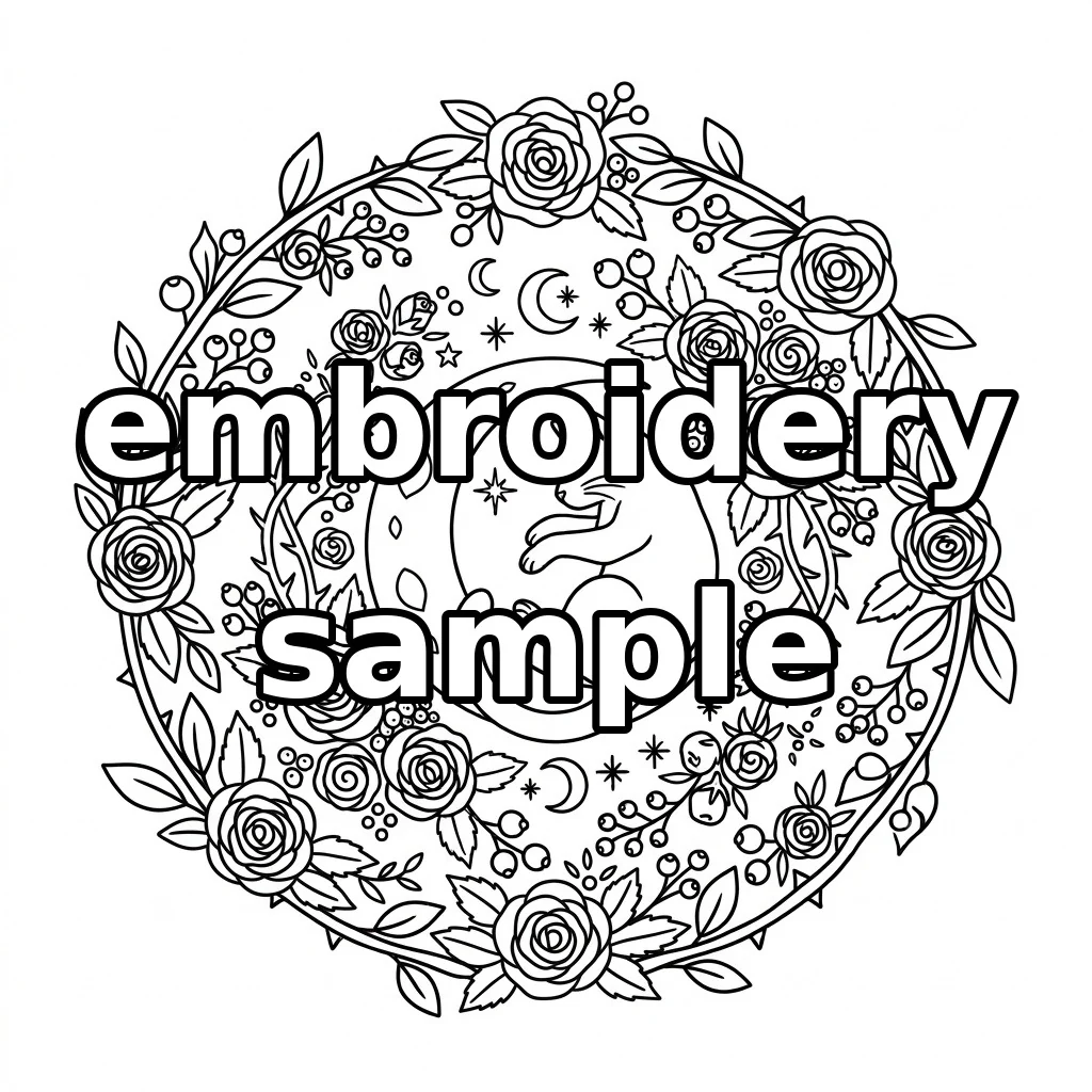 Watermarked Sleeping Black Cat and Midnight Rose Crescent embroidery outline