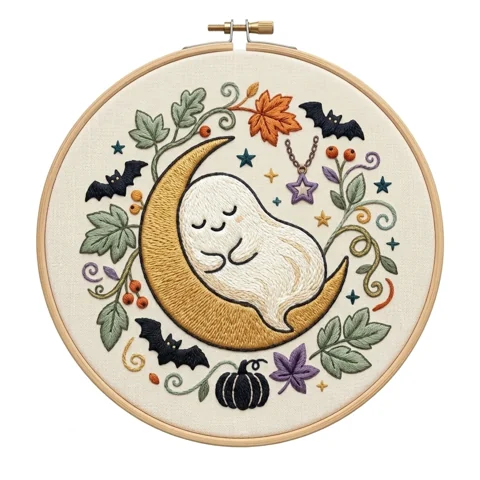 Sleeping Ghost Crescent Bats Autumn Wreath hand embroidery design