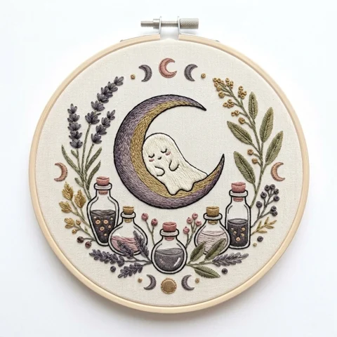 Sleeping Ghost Crescent Potion Bottles Herbal Wreath hand embroidery design