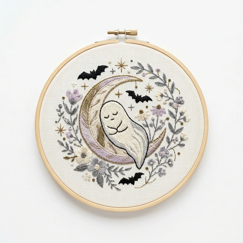 Sleeping Ghost Feathered Crescent Floral Bat Wreath colored hand embroidery design