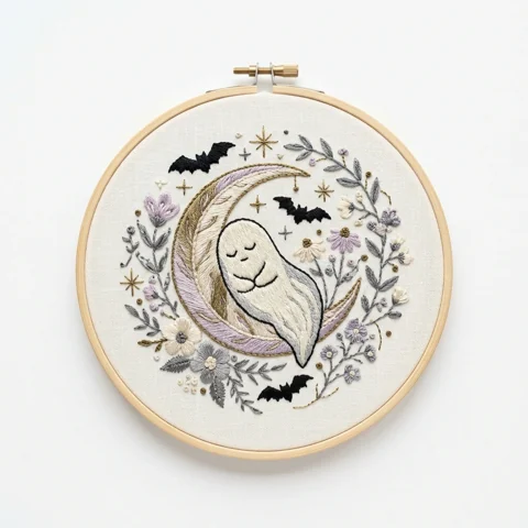 Sleeping Ghost Feathered Crescent Floral Bat Wreath hand embroidery design