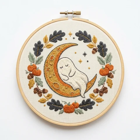 Sleeping Ghost in Golden Crescent with Autumn Oak Wreath hand embroidery design