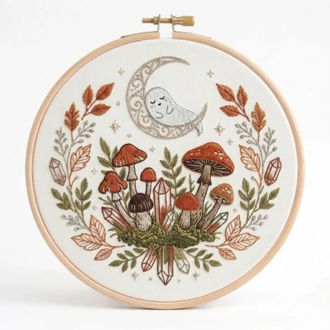Sleeping Ghost on Ornate Crescent Moon with Seven Mushrooms Crystals hand embroidery design