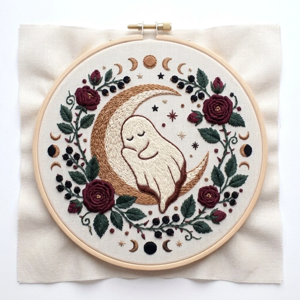Sleeping Moon Baby Burgundy Roses Celestial Wreath colored hand embroidery design