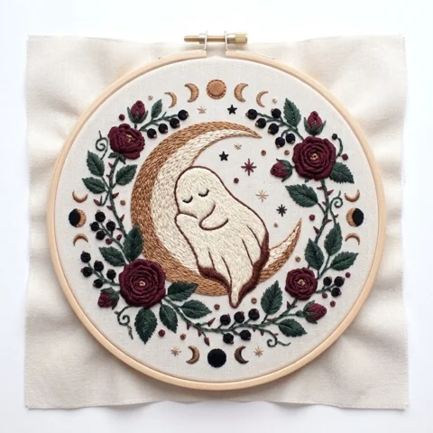 Sleeping Moon Baby Burgundy Roses Celestial Wreath hand embroidery design