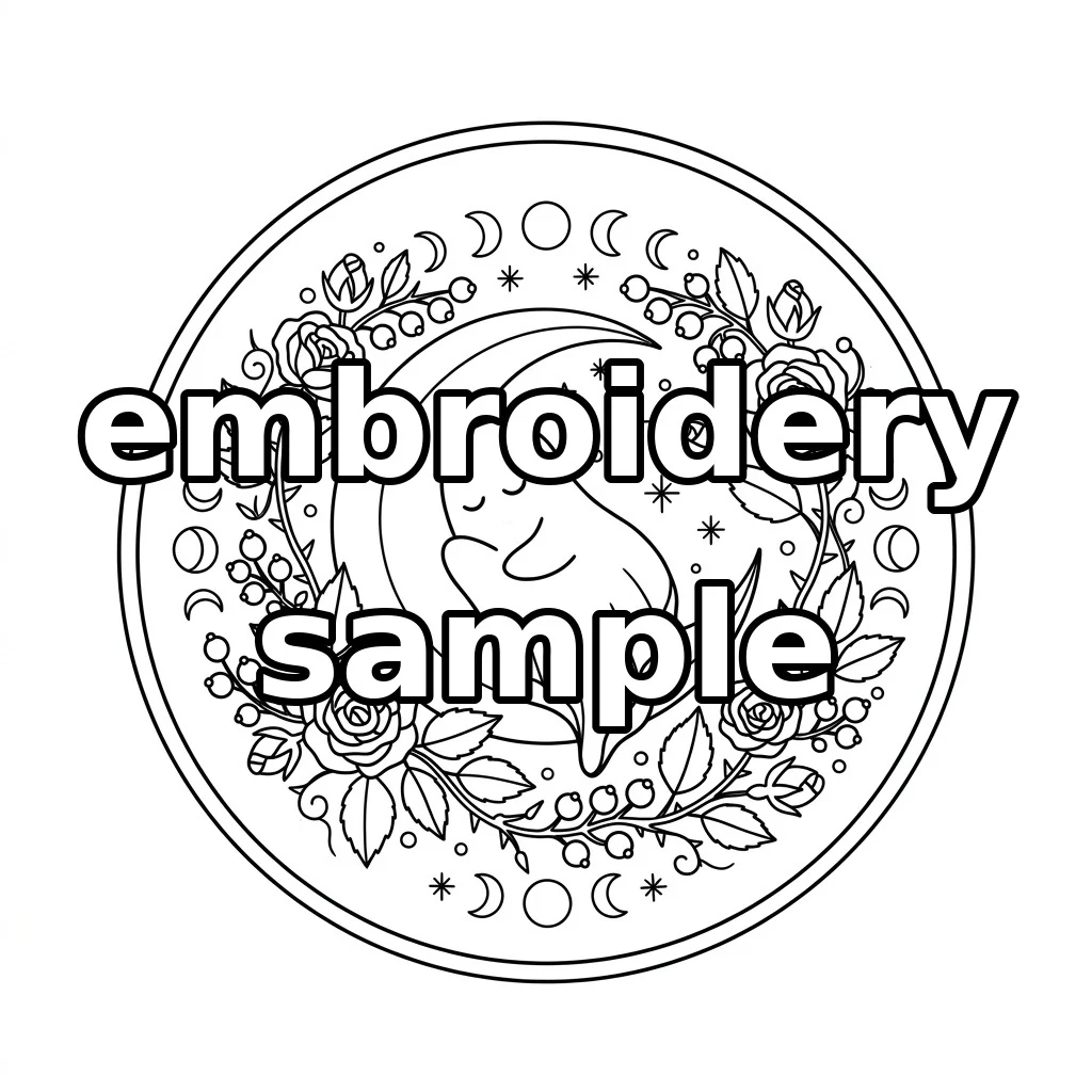 Watermarked Sleeping Moon Baby Burgundy Roses Celestial Wreath embroidery outline