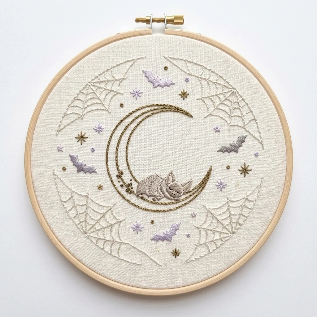 Sleeping Rabbit on Crescent Moon with Bats Spiderwebs colored hand embroidery design