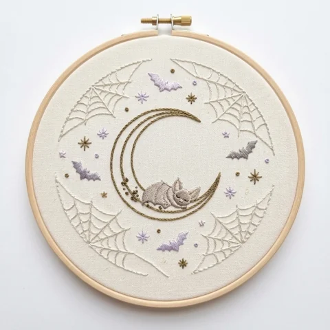 Sleeping Rabbit on Crescent Moon with Bats Spiderwebs hand embroidery design