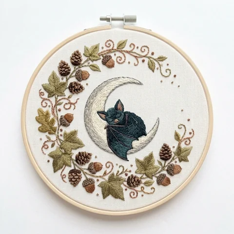 Sleeping Teal Bat in a Crescent Moon hand embroidery design