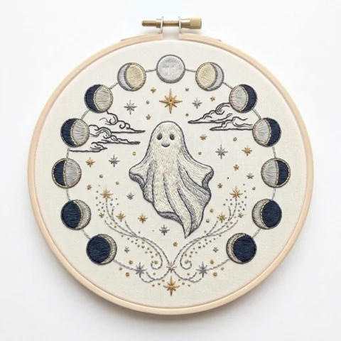 Smiling Ghost Moon Phase Ring Celestial Branches hand embroidery design