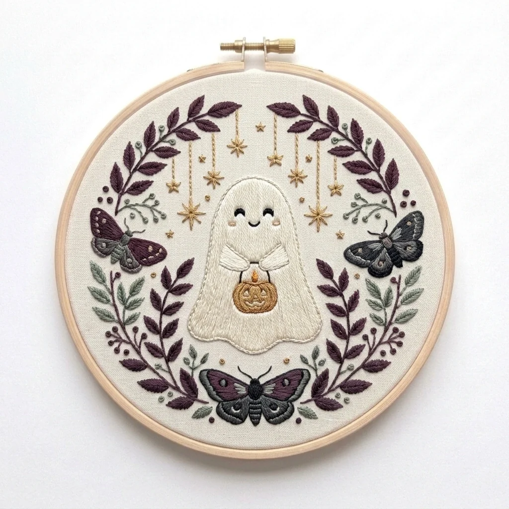 Smiling Ghost Moths Hanging Star Botanical Wreath colored hand embroidery design