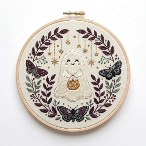 Smiling Ghost Moths Hanging Star Botanical Wreath hand embroidery design