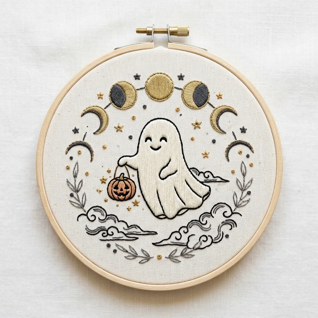 Smiling Ghost Pumpkin Pail Moon Phases colored hand embroidery design