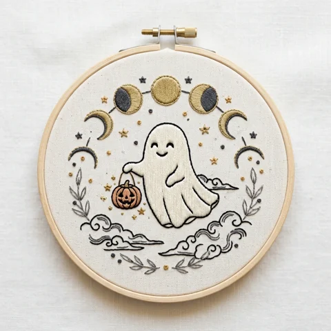 Smiling Ghost Pumpkin Pail Moon Phases hand embroidery design