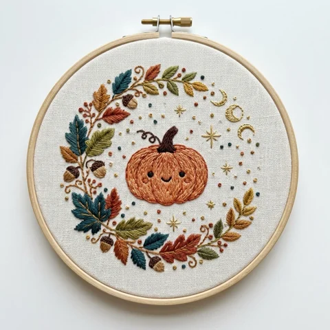 Smiling Pumpkin with Autumn Foliage and Celestial Accents hand embroidery design