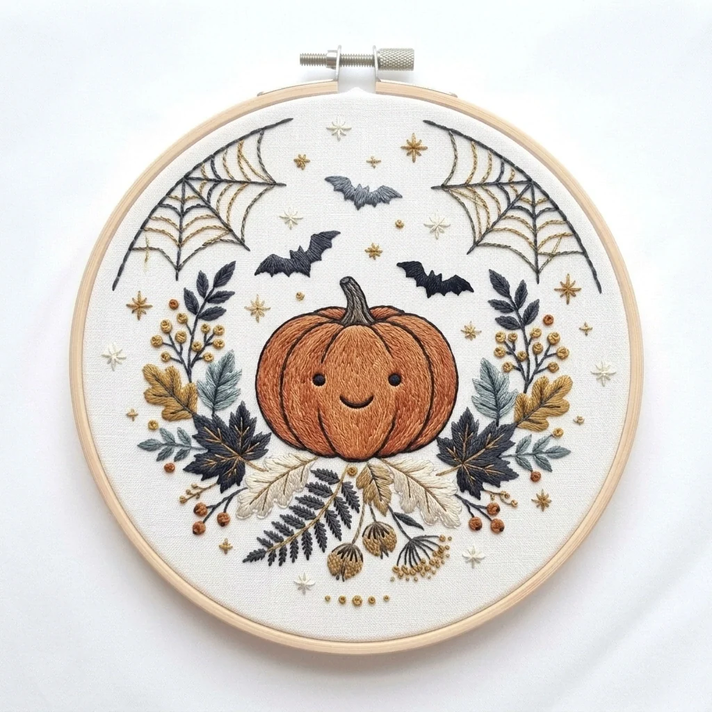 Smiling Pumpkin with Bats Spiderwebs and Autumn Foliage colored hand embroidery design