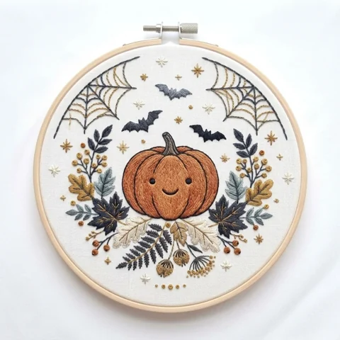 Smiling Pumpkin with Bats Spiderwebs and Autumn Foliage hand embroidery design