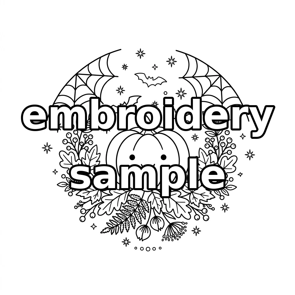 Watermarked Smiling Pumpkin with Bats Spiderwebs and Autumn Foliage embroidery outline