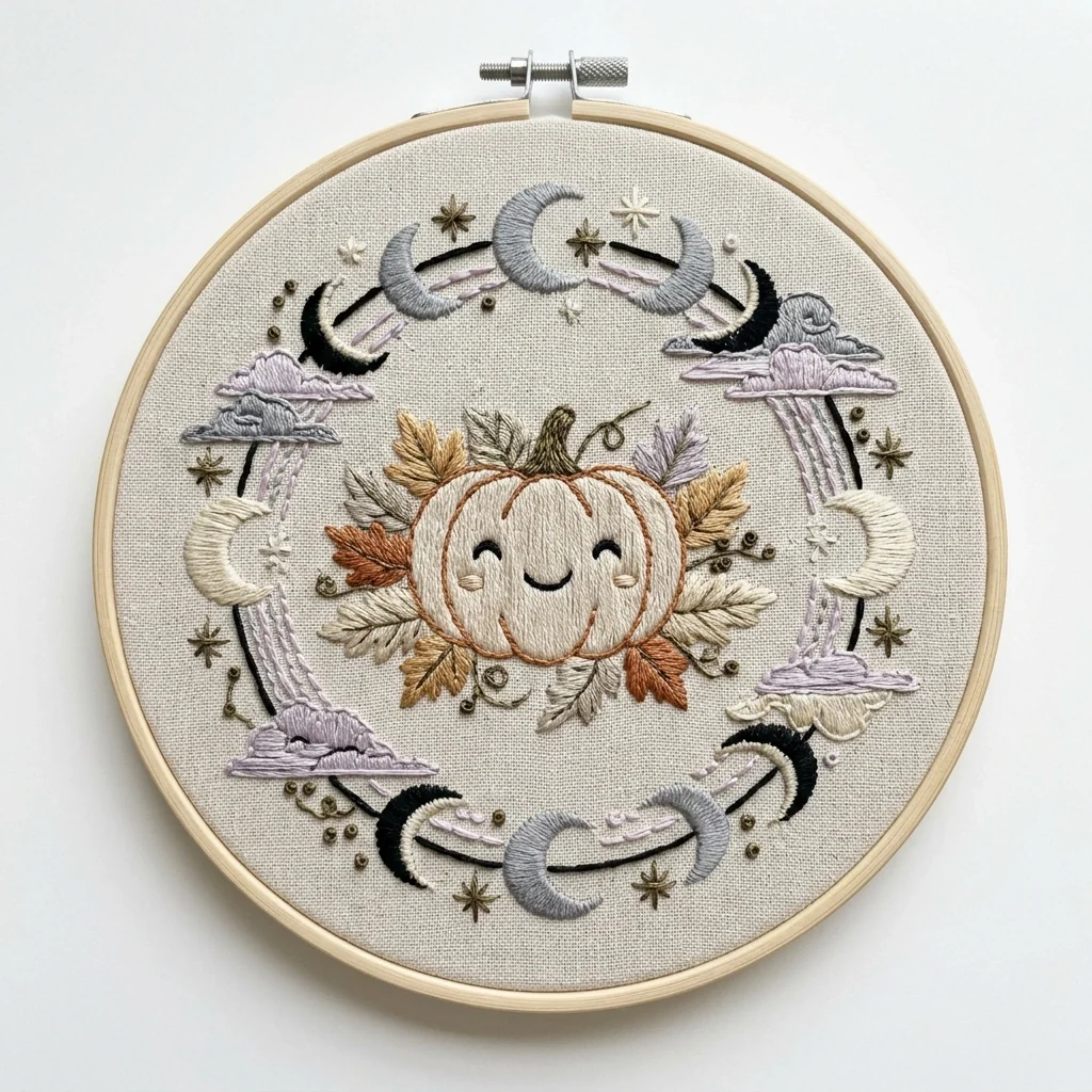 Smiling Pumpkin with Crescent Moons Clouds Stars and Autumn Leaf colored hand embroidery design