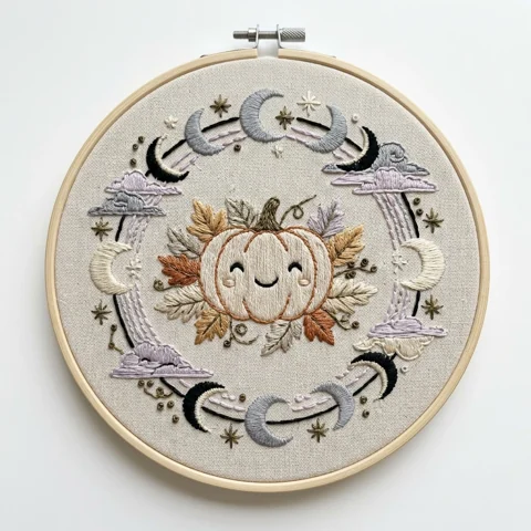 Smiling Pumpkin with Crescent Moons Clouds Stars and Autumn Leaf hand embroidery design
