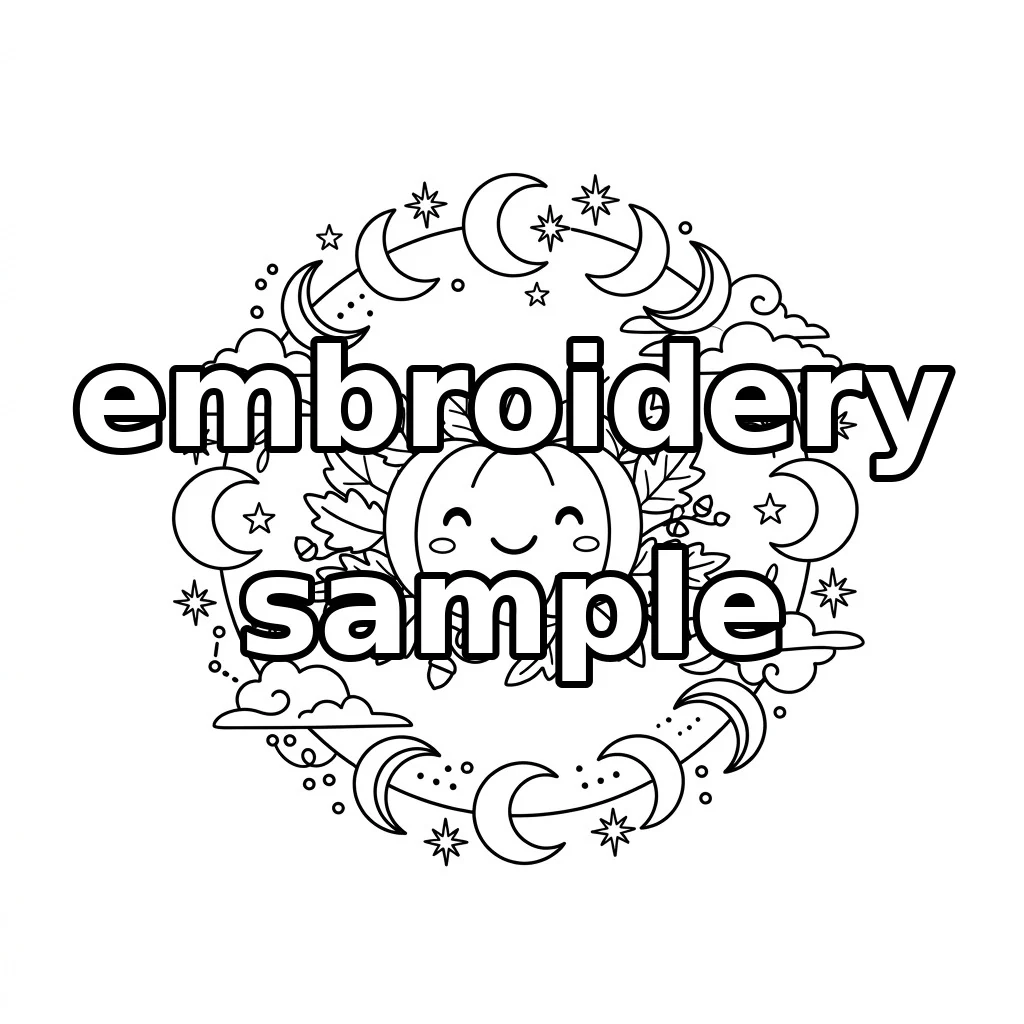 Watermarked Smiling Pumpkin with Crescent Moons Clouds Stars and Autumn Leaf embroidery outline