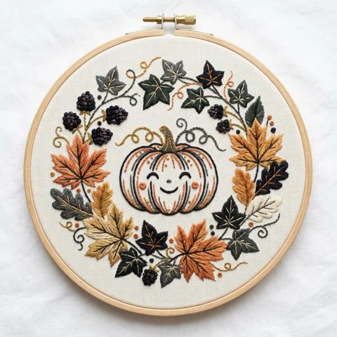 Smiling Pumpkin with Dark Berries Maple Leaves and Autumn Botanical hand embroidery design