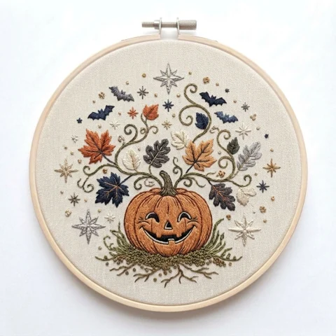Smiling Pumpkin with Four Bats Autumn Leaves and Curling Vines hand embroidery design