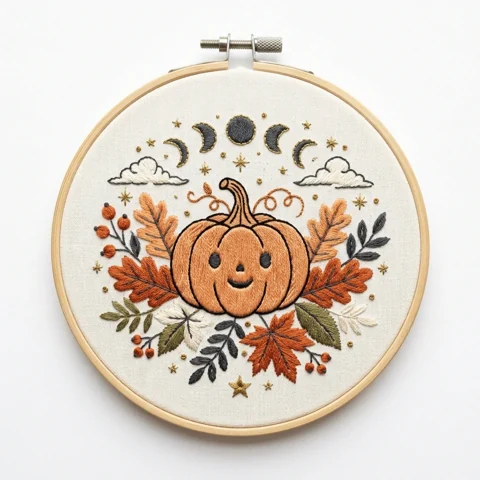 Smiling Pumpkin with Moon Phases Clouds Autumn Leaves and Berries hand embroidery design
