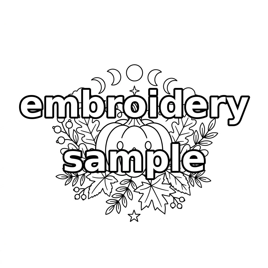 Watermarked Smiling Pumpkin with Moon Phases Clouds Autumn Leaves and Berries embroidery outline