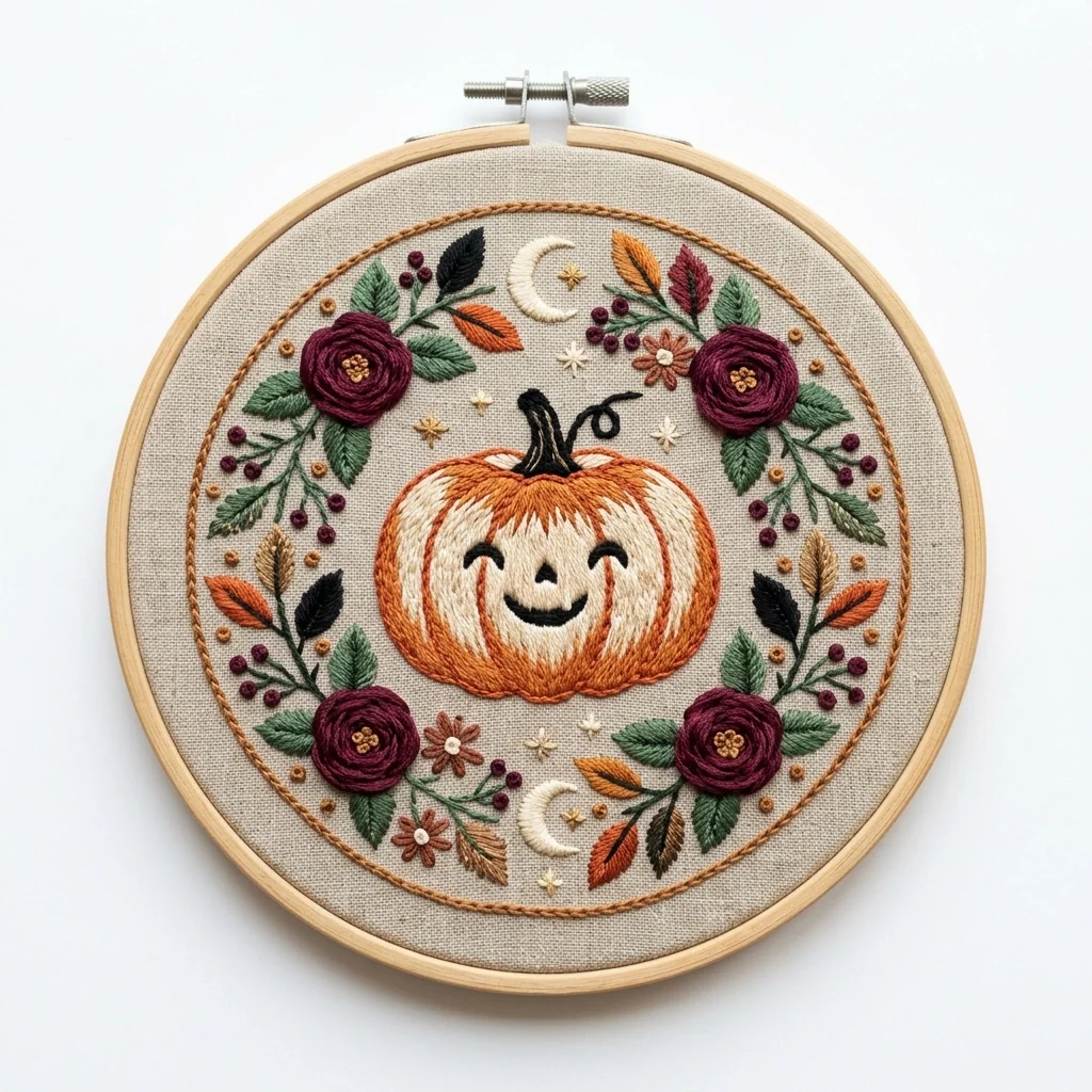 Smiling Pumpkin with Roses Crescent Moons and Autumn Botanical Wreath colored hand embroidery design