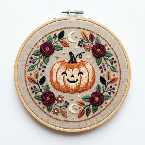 Smiling Pumpkin with Roses Crescent Moons and Autumn Botanical Wreath hand embroidery design