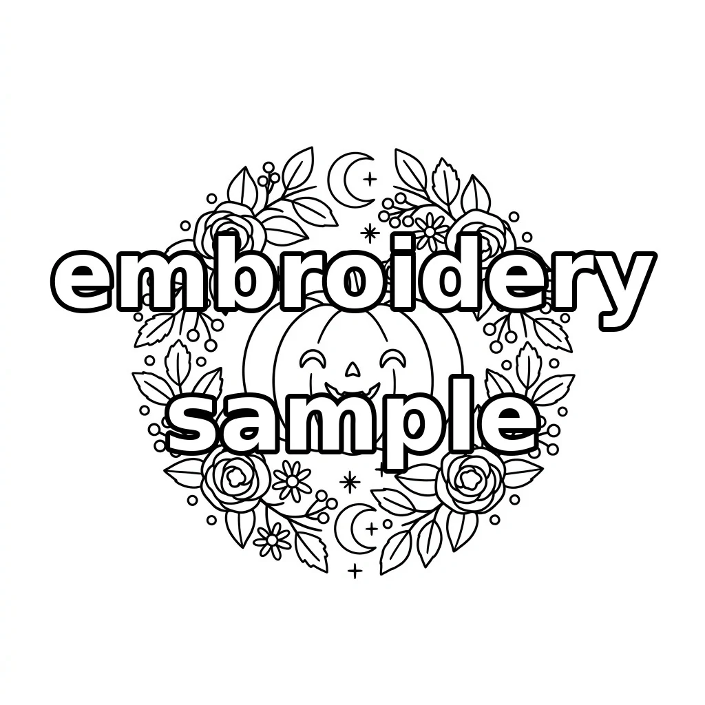 Watermarked Smiling Pumpkin with Roses Crescent Moons and Autumn Botanical Wreath embroidery outline