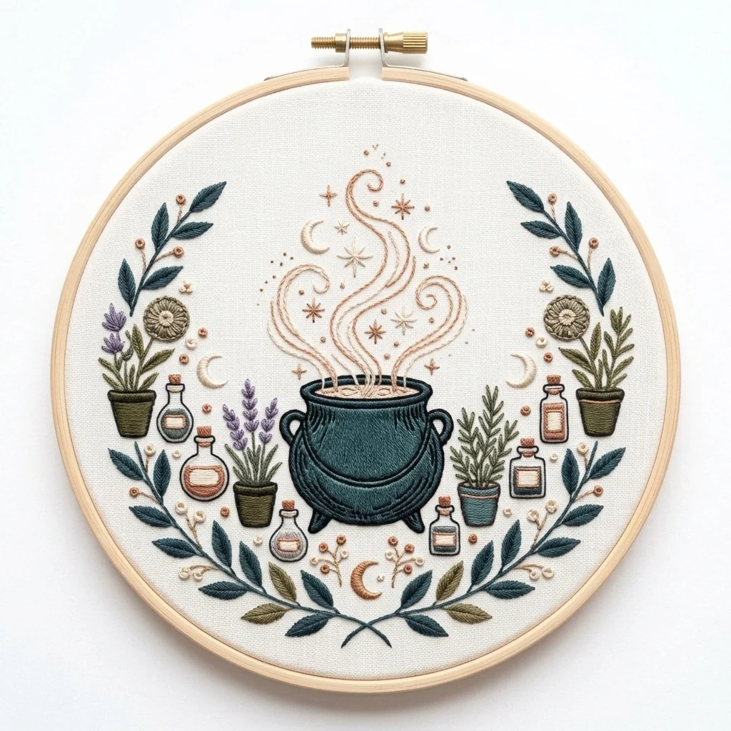Smoking Cauldron with Potion Bottles Lavender Herbs and Celestial colored hand embroidery design