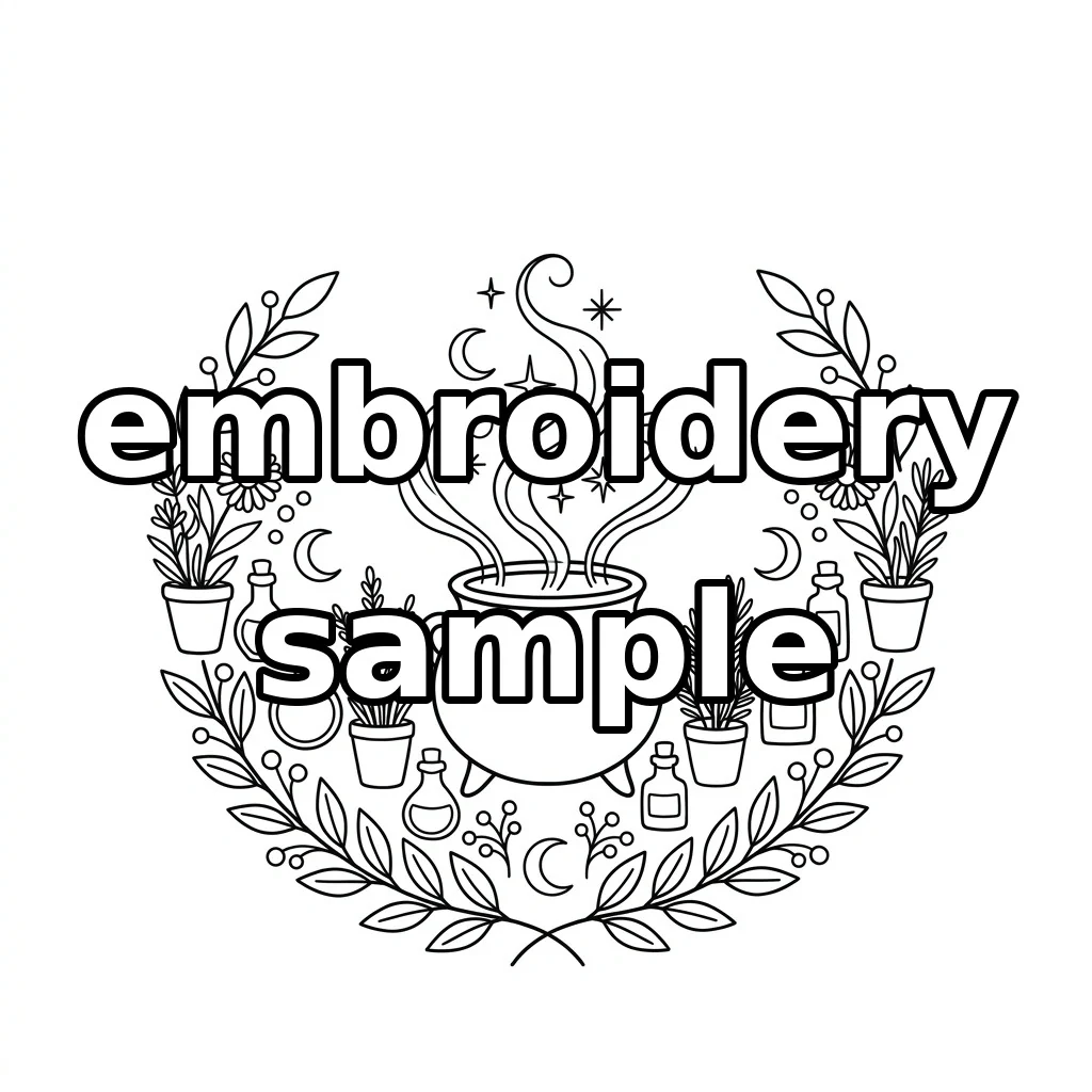Watermarked Smoking Cauldron with Potion Bottles Lavender Herbs and Celestial embroidery outline