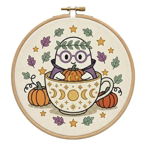 Spectacled Ghost with Celestial Teacup Pumpkins and Autumn Leaves hand embroidery design