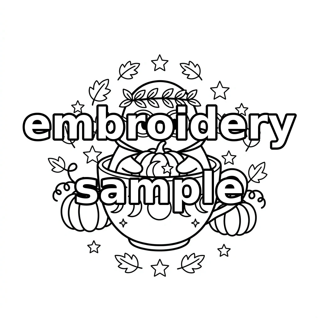 Watermarked Spectacled Ghost with Celestial Teacup Pumpkins and Autumn Leaves embroidery outline