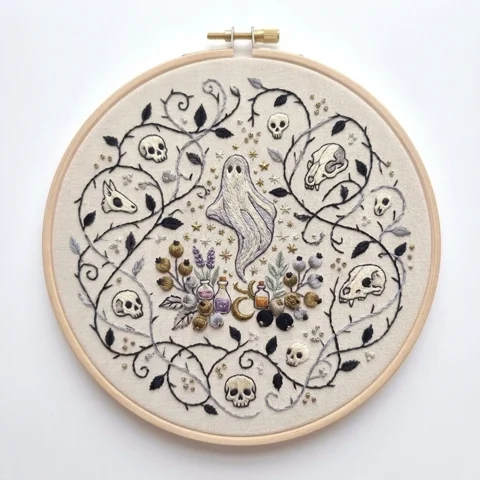 Spectral Ghost Skull Vines Apothecary Botanical Wreath hand embroidery design