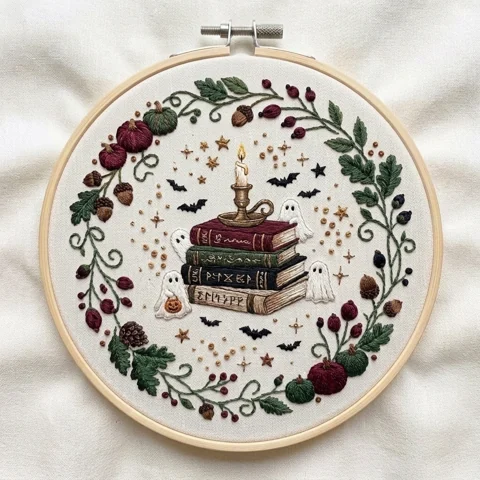Spellbook Stack Candle Ghosts Harvest Botanical Wreath hand embroidery design