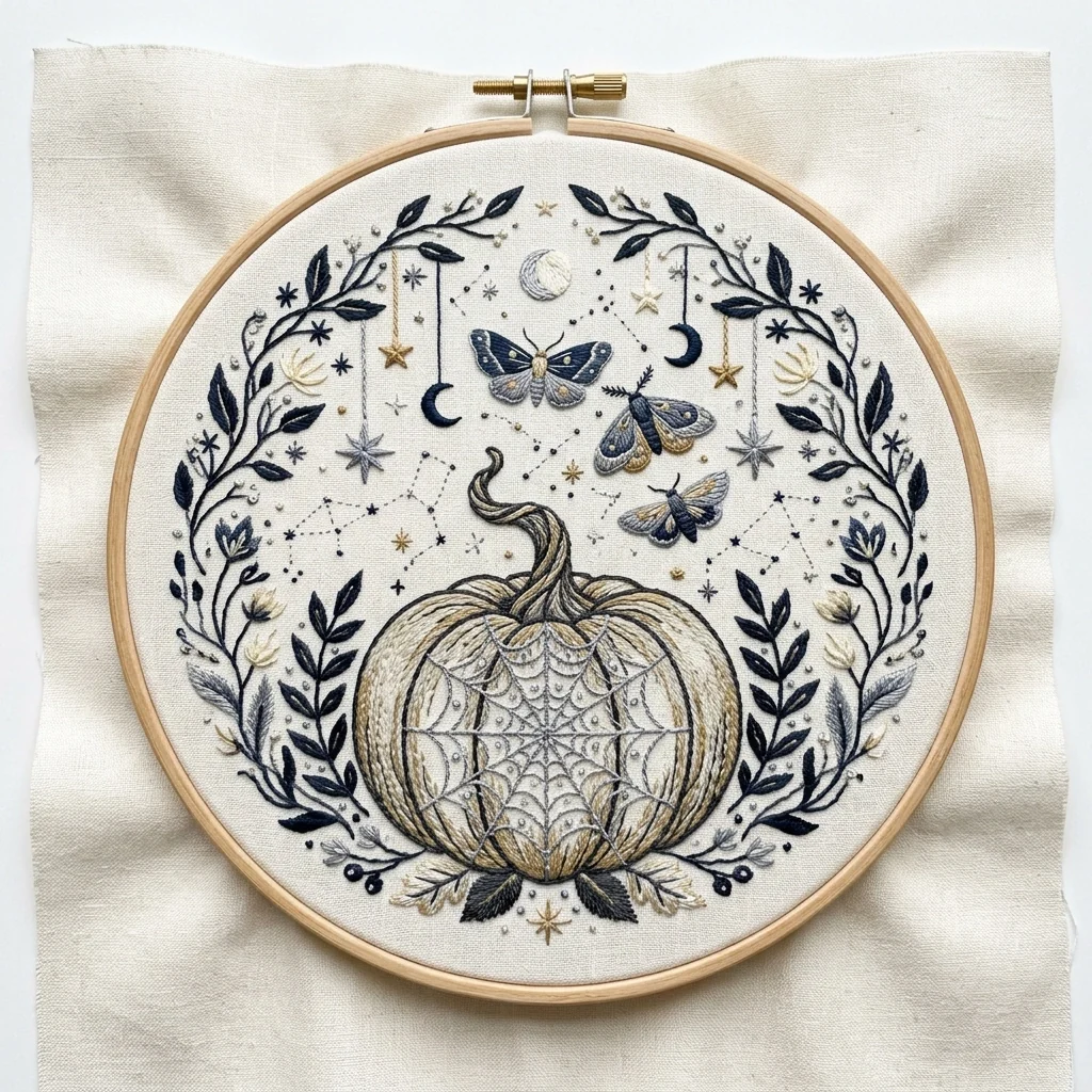Spider Web Pumpkin with Moths Crescent Moons and Botanical Branches colored hand embroidery design