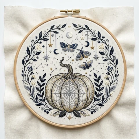 Spider Web Pumpkin with Moths Crescent Moons and Botanical Branches hand embroidery design
