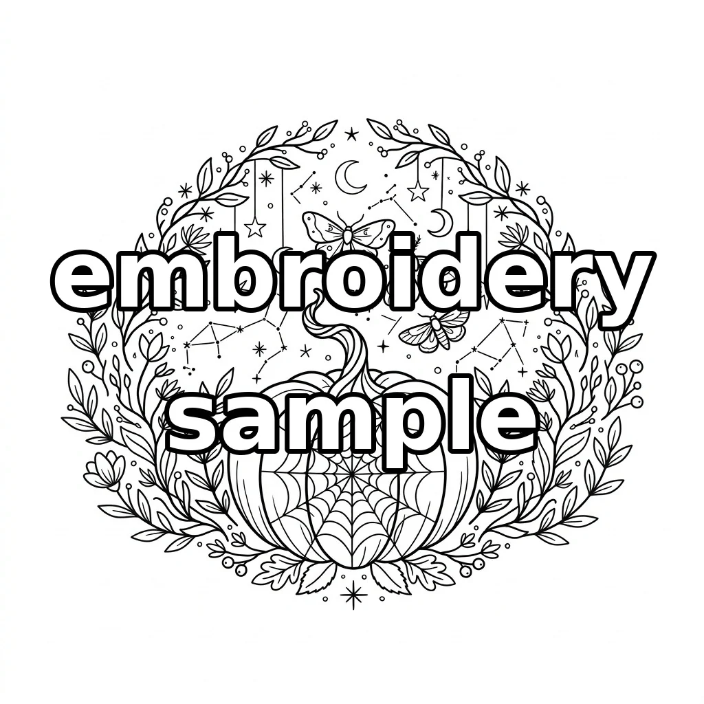 Watermarked Spider Web Pumpkin with Moths Crescent Moons and Botanical Branches embroidery outline