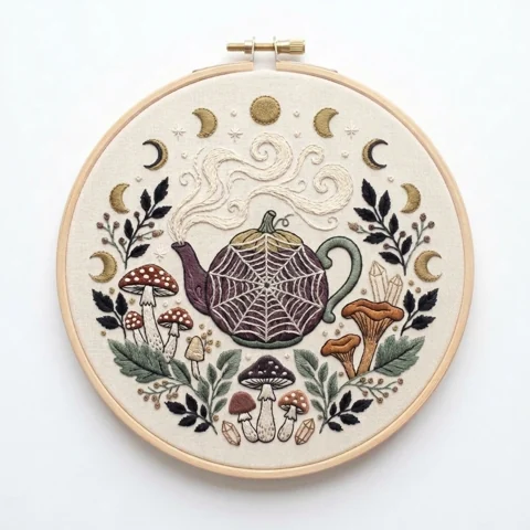 Spider Web Teapot with Moon Phases Mushrooms Crystals and Botanical hand embroidery design