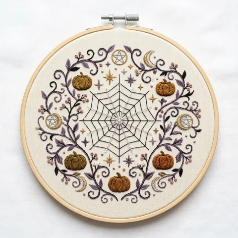 Spider Web with Pumpkins Crescent Moons and Botanical Stars hand embroidery design