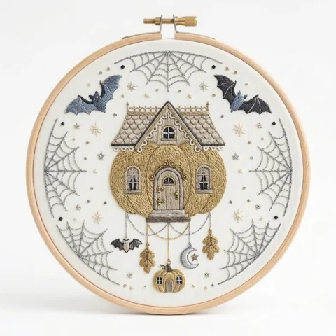 Spiderweb Cottage Hanging Moon Charms hand embroidery design